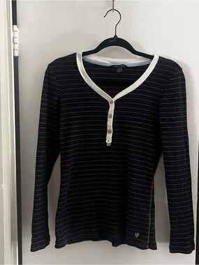 Tommy Hilfiger Navy Striped Long Sleeve Henley with White Trim